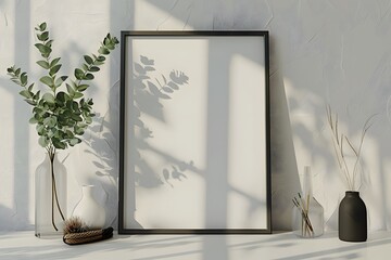 A picture frame on a shelf next to a vase and a plant