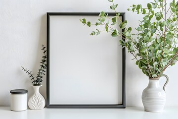 A picture frame and a vase with a plant on a table