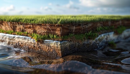 Naklejka premium A cutaway illustration of a landscape surface, showing a cubical cross-section with mud, fields, subterranean soil, water, and green grass on top, generated with AI technology.