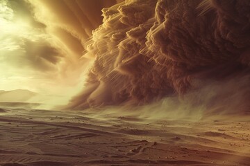 A heavy sand and dust storm sweeping over desert land on a scorching summer day, showcasing the danger and power of wild nature, with a massive cloud driven by the wind in a 3D artwork.