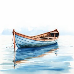 Fototapeta premium A serene watercolor painting of a single wooden boat floating on calm blue water with a clear sky background, exuding peace and tranquility.