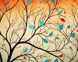 Artistic tree illustration with vibrant branches and colorful leaves, blending against a warm, gradient background in shades of orange.
