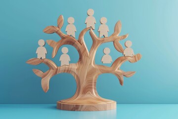 A business illustration showing a wooden tree with people icons on a blue table, representing concepts of human resources and management, generated using AI.