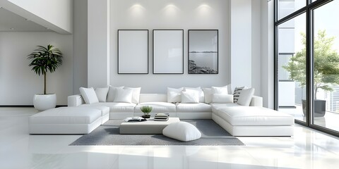 Modern white minimalist interior for posters in living room layout with white sofa with copy space centered copy space selective focus. Concept Interior Design, Home Decor, Minimalist Style