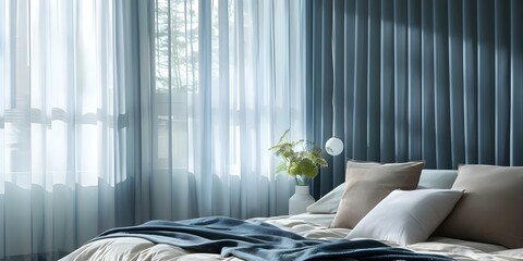 Detailed view of blackout curtains in a bedroom for privacy and darkness. Concept Blackout Curtains, Bedroom Decor, Privacy Solutions, Room Darkening, Home Interior