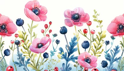 A watercolor illustration set that includes images of berries, buds, and flowers on a white background, featuring pink anemones, berries, and buds on a contrasting blue background.