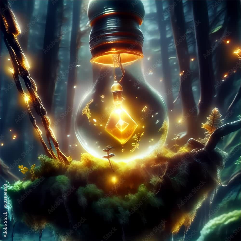 Poster a fantasy scene depicting a floating forest island encapsulated in a hanging light bulb, with glowin