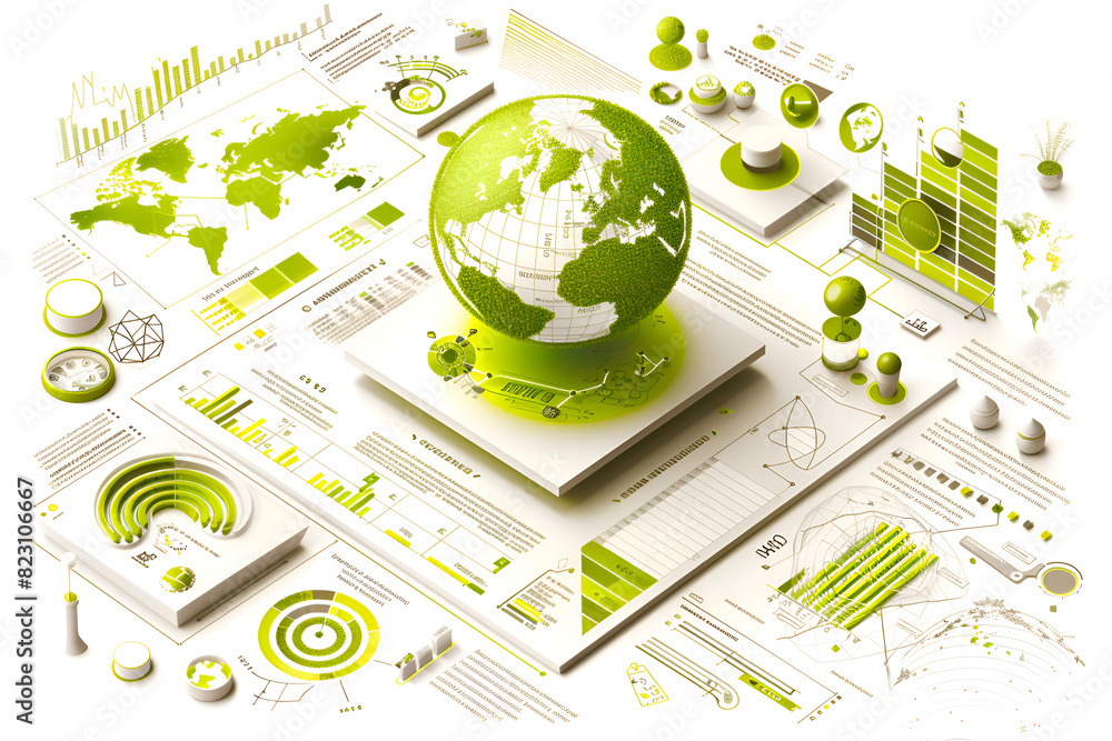 Poster a green globe sits on a white background with a variety of graphs and charts surrounding it. concept