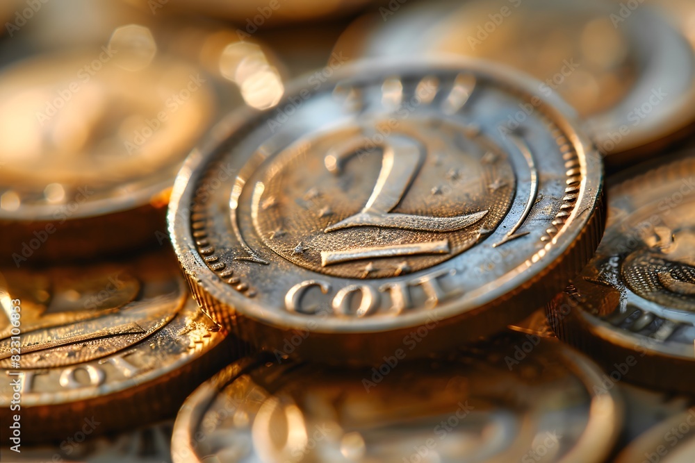 Poster a close up of a pile of coins with a number on them