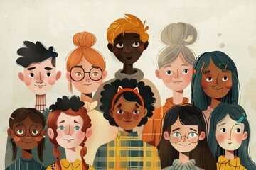 illustration of a group of diverse young people, diversity, inclusion, LGBTQ , non-binary 
