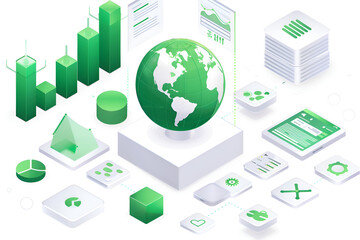 A green globe sits on a white background with a variety of graphs and charts surrounding it. Concept of interconnectedness and the importance of understanding global issues