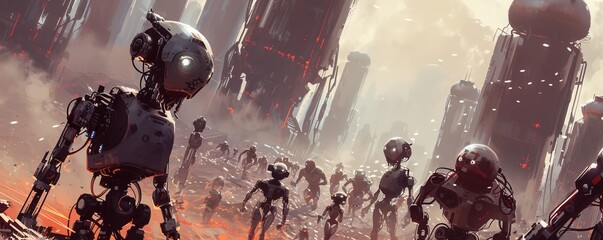 The robot revolution concept illustration, depicting AI machines fighting against humans. This sci-fi artwork shows robots and cyborgs capturing Earth, illustrating an apocalyptic scenario of