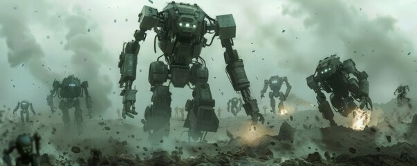 The robot revolution concept illustration, depicting AI machines fighting against humans. This sci-fi artwork shows robots and cyborgs capturing Earth, illustrating an apocalyptic scenario of