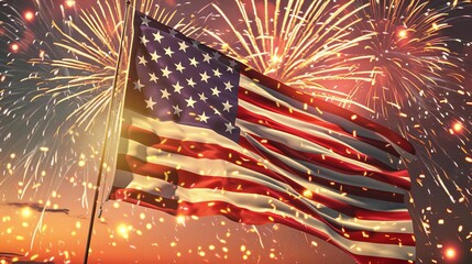 Patriotic 4th of July illustration, American flag, celebration and fireworks, highresolution, digital artwork
