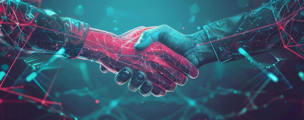 A modern illustration showing a handshake in a digital futuristic style, symbolizing partnership, collaboration, or teamwork in a technologically advanced setting.