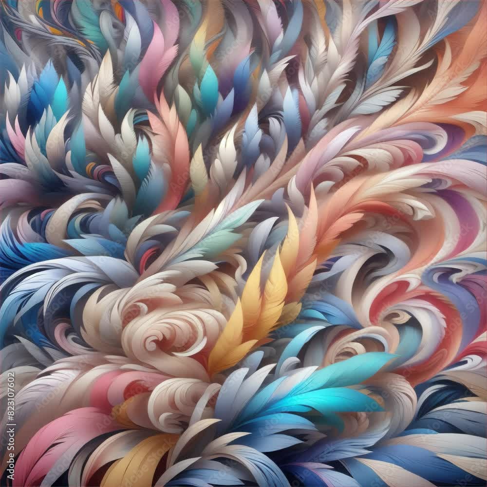 Poster a detailed artistic rendering of swirling, feather-like patterns in a rich palette of pastel colors.