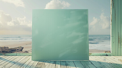 Gentle sea breeze over a blank hardwood signboard with a light green finish on a wooden beach floor.