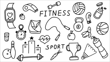 Doodle Art Displaying Various Fitness and Sports Equipment in Black and White