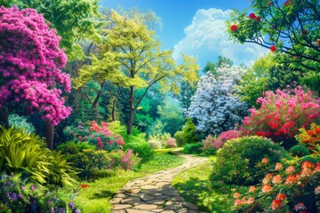 Sunlit Garden with Blooming Flowers