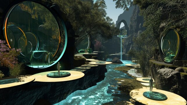 This image depicts a serene, futuristic river valley featuring stone pathways and circular portals, set against lush greenery and rocky cliffs.
