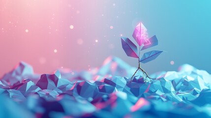 A futuristic polygonal illustration depicting digital evolution or the growth of a seedling. This concept symbolizes economic growth and the rise of startups.