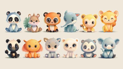 An adorable collection of cartoon baby animals, perfect for children's book illustrations, educational content, and nursery decor, adding a playful and endearing touch to various projects.