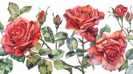 Delicate watercolor illustrations showcase a stunning collection of roses in vibrant shades of red and burgundy, capturing the intricate beauty of garden flowers and leaves with meticulous detail.