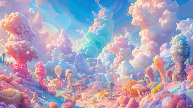 Immerse yourself in a whimsical world of fantasy with this holographic illustration, awash in pastel hues and featuring a charming cartoon girly backdrop against a vibrant, multi-colored sky adorned