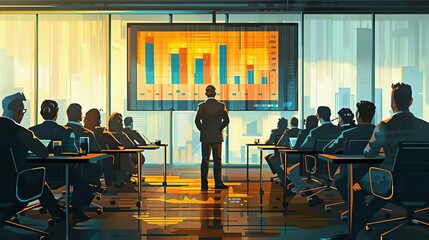 Indian CEO leading a quarterly review, sophisticated conference room, financial reports on screen, business executives, professional ambiance, formal dress code, high resolution