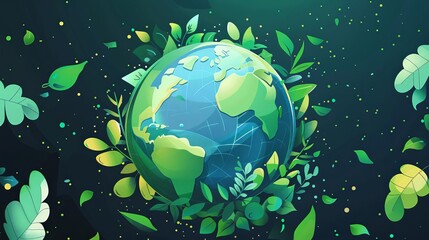 Illustration of Earth with green leaves and new growth, representing environmental conservation and efforts to save the world