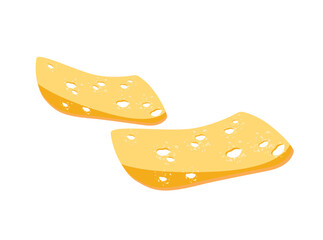 Square slices of hard cheese. Cheddar pieces with holes. Natural source of protein, fats. Organic food, dairy product, ingredient for cooking. Flat isolated vector illustration on white background