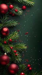 Festive holiday background featuring green fir branches and red ornaments