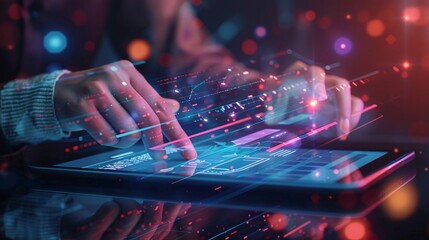 Online shopping tablet, ecommerce and fintech networking, hologram and financial world data, global analytics and economy. Digital tech credit card, internet future and web app, money software and ux