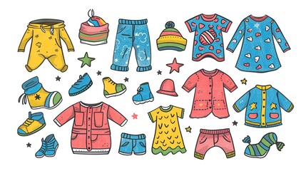 Collection of colorful children's clothing, including shirts, trousers, jackets and others on a white background.