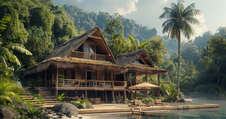 Fototapeta premium A wooden cabin with mud walls and sloping roofs with palm leaf thatching in the jungle, with terraces and a pool on a sunny day. Generative AI.