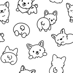 Cute kawaii corgi dog. Seamless pattern. Coloring Page. Funny puppy cartoon animal characters. Hand drawn style. Vector drawing. Design ornaments.