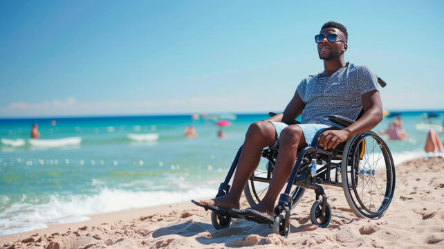 candid young black man in a wheelchair sunbathing at the beach,generative ai