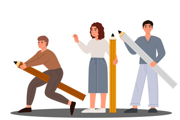 Various people with a giant pencils. Young person holding pencil. Cute funny isolated characters. Cartoon style. Various people with a large Pencil.