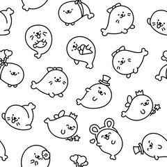 Cute kawaii baby seals. Seamless pattern. Coloring Page. Funny cartoon characters arctic and antarctic animals. Hand drawn style. Vector drawing. Design ornaments.