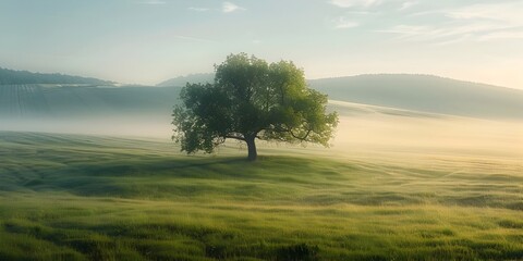 Ethereal Countryside Landscape with Lone Tree at Dawn or Dusk