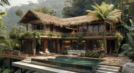 A wooden cabin with mud walls and sloping roofs with palm leaf thatching in the jungle, with terraces and a pool on a sunny day. Generative AI.