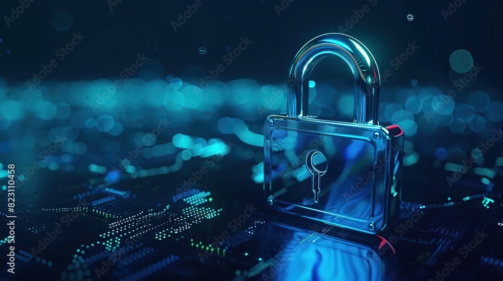 Poster futuristic digital padlock for security and digital data protection, network security and website ma