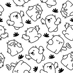 Funny cactus. Seamless pattern. Coloring Page. Cute smiling cartoon characters. Hand drawn style. Vector drawing. Design ornaments.
