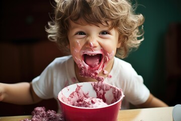 Adorable messy face after indulging in a bowl of berry yogurt.