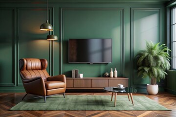 Mockup a TV wall mounted with leather armchair in pastel tone dark green color wall- 3D rendering