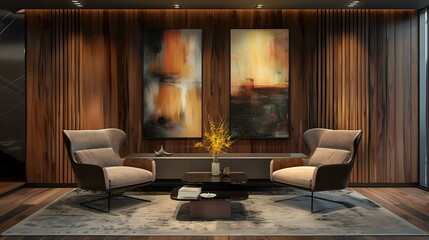 A modern living room interior with two armchairs, a coffee table and paintings on the wall. The background is wooden paneling