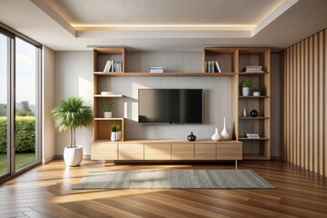 shelf tv in modern empty room,minimal design, 3d rendering