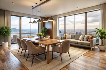 Fototapeta premium Modern interior design of apartment, dining room with table and chairs, empty living room with beige wall, panorama.
