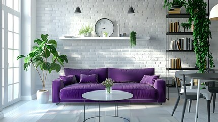 A modern living room interior with a sofa, table and chairs in a purple color, against a white...