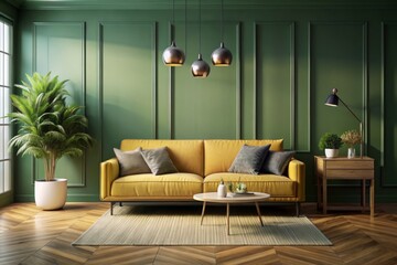 living room interior with yellow sofa on empty dark green color wall background.3d rendering